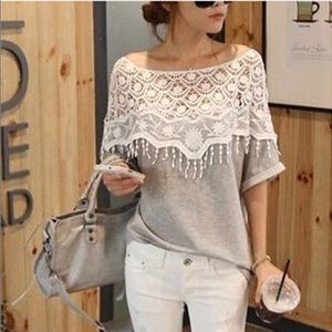 Grey Short Sleeve Cream Lace / Crochet Top S